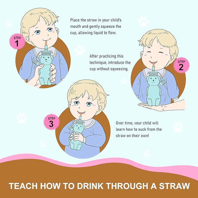 Honey Bear Silicone Straw Cup, Babies Water Drinking Cup, 8-Ounce Therapy Sippy Bottles for Speech and Feeding Training, BPA Free & Dishwasher Safe (PINK)
