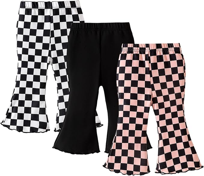 SOBOWO Checkered Baby Girl Flare Pants 3 Pack Toddler Bell Bottoms Plaid Ruffle Leggings Pants Fall Winter Outfits Size 6M-4T