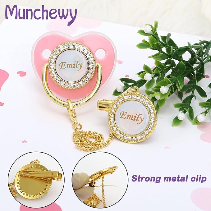 Personalized Pacifier with Name, Bling Gold Pacifier Clip Set with Gift Box Greeting Card, Glitter Crystal Luxurious Soother Dummy Ideal Gift for Boys Baby Shower Newborn Photography(Gold)