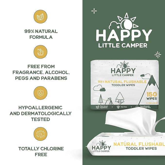 Happy Little Camper Ultra-Absorbent Super Saver Baby Diapers Size 3 - Hypoallergenic, Unscented & Chlorine-Free Disposable Diapers (200 Count) Come with Flushable Wipes (200 Count) for Sensitive Skin