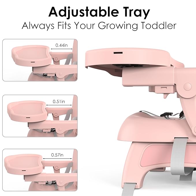Bella’s Friends 3-in-1 Toddler Booster Seat for Dining Table and Kitchen Chair with Adjustable Tray and Safety Straps, Foldable&Portable Baby Seat for Travel, Feeding, and Floor Use, Pink
