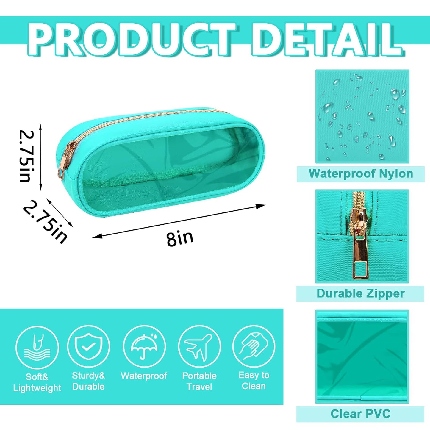 Clear Small Pencil Pouch Makeup Bag for Purse,Nylon&PVC Pencil Case Waterproof Makeup Brush Holder with Zipper,Preppy Transparent Pen Bag Cosmetic Bag for Women Men Office(Slim-Mint Green)
