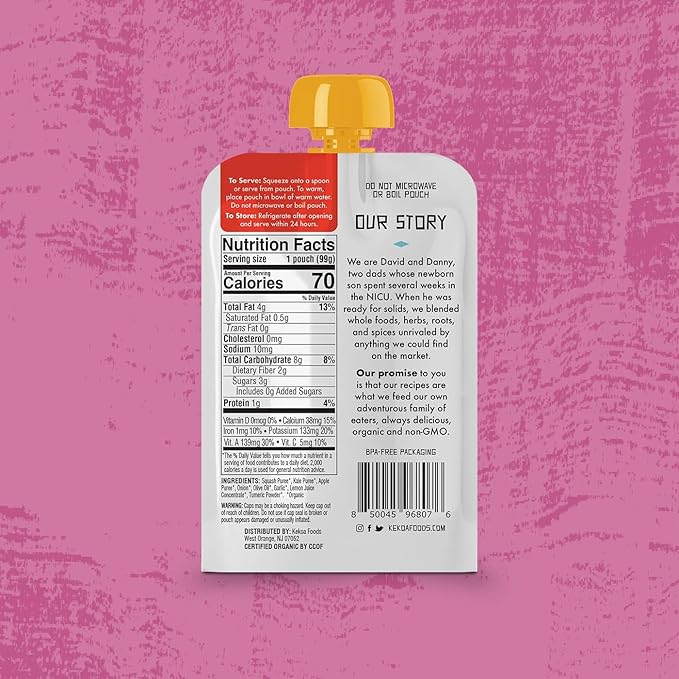 Kekoa Foods 100% USDA Certified-Organic Vegetarian Baby Food Puree Variety Pack: 3.5 oz Squeeze Pouches (18 Total) | Beets, Fennel & Kale, Peas & Mint, Squash & Kale with Turmeric | Non-GMO