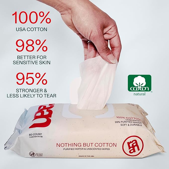 Raan, 100% Cotton Baby & Toddler Wipes, Unbleached, 99% Purified Water, Unscented, EWG verified, Made for Sensitive Skin, Extra Soft and Durable, 12 pack, 720 Count