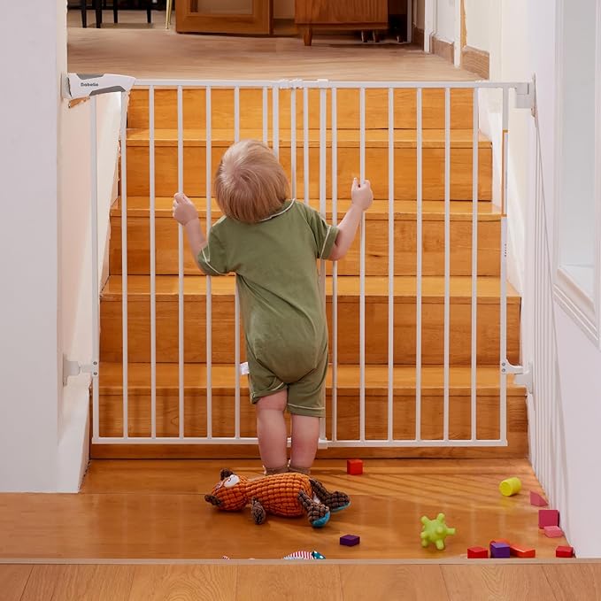 Babelio Baby Gate for Stairs & Doorways, 26-43" W 34" H Extra Tall| No Bottom Bar| Easy Installation| One-handed Operation| Auto-close| Hardware Mount (Drill Needed) Safety Dog/Pet Gate Indoor (White)