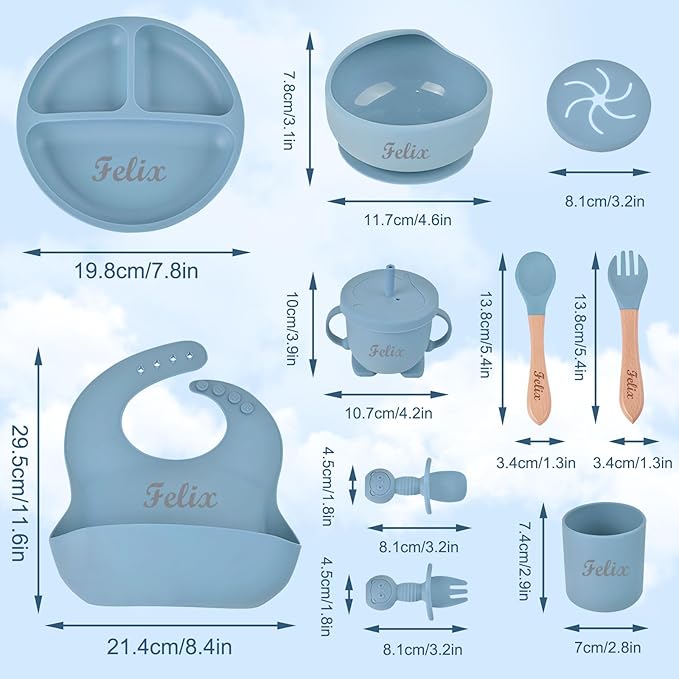 Personalized Silicone Baby Feeding Set with Name, Customized Baby Led Weaning Supplies Self Feeding Eating Utensils with Spoon, Fork, Silicone Suction Bowls, Cup, Plate Mint Green