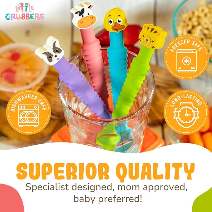 3-in-1 Silicone Baby Spoon Self Feeding 6+ Months - Pediatric OT Designed Teether Spoon, BPA Free Toddler Utensils, Mess-Free, Fun for Baby Led Weaning Supplies, Cow & Tiger