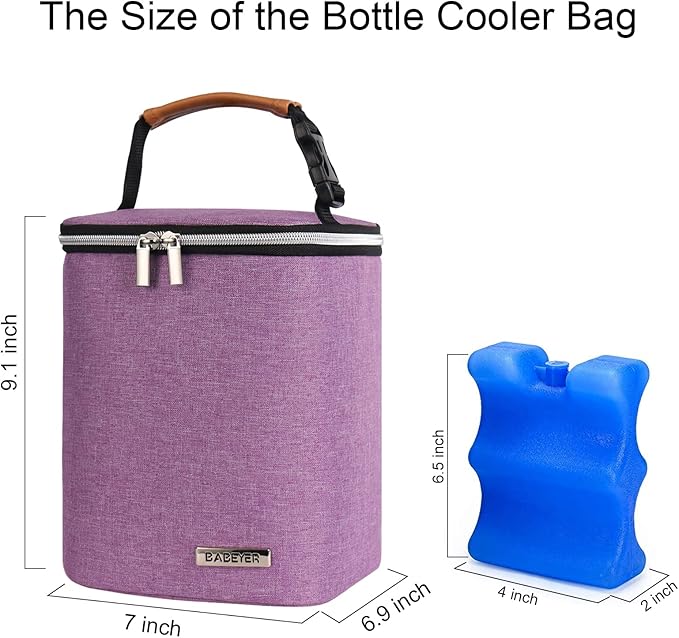Breast Milk Cooler Bag with Ice Pack Fits 4 Baby Bottles Up to 9 Ounce, Baby Bottle Bag Great for Nursing Mom Daycare, Purple