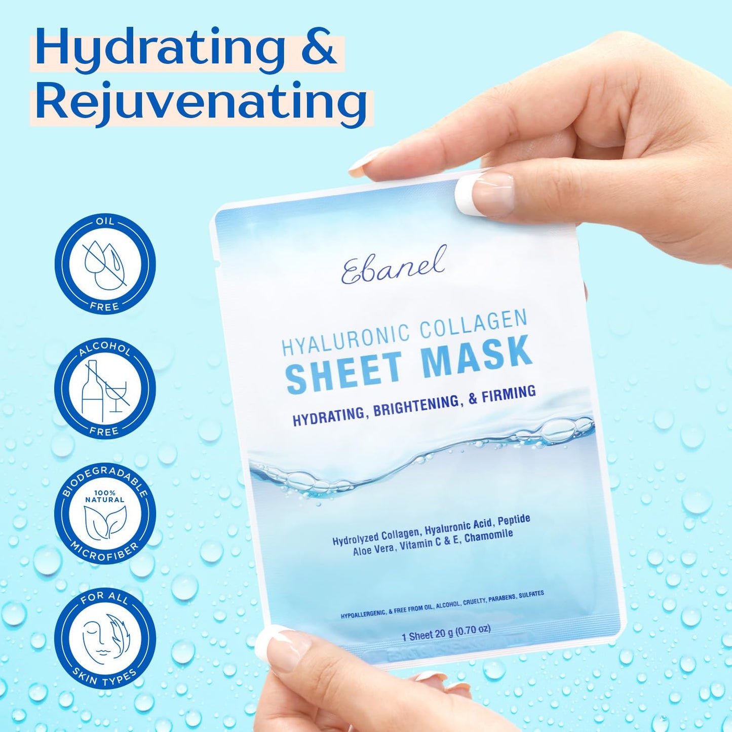 Ebanel 20 Pack Collagen Face Mask with Hyaluronic Acid, Vitamin C, Peptide, Aloe, Instant Brightening Hydrating Face Masks Skincare Korean Sheet Mask, Skin Firming, Lifting Anti Aging Facial Masks