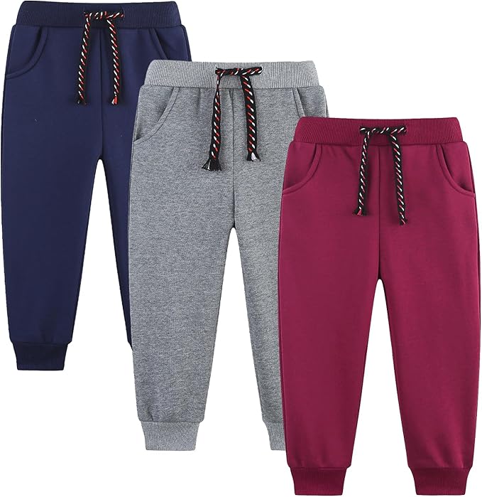 3 Pack Boy's and Girl's Fleece Pull on Jogger Sweatpant with Pockets and Drawstring 2-13 Years