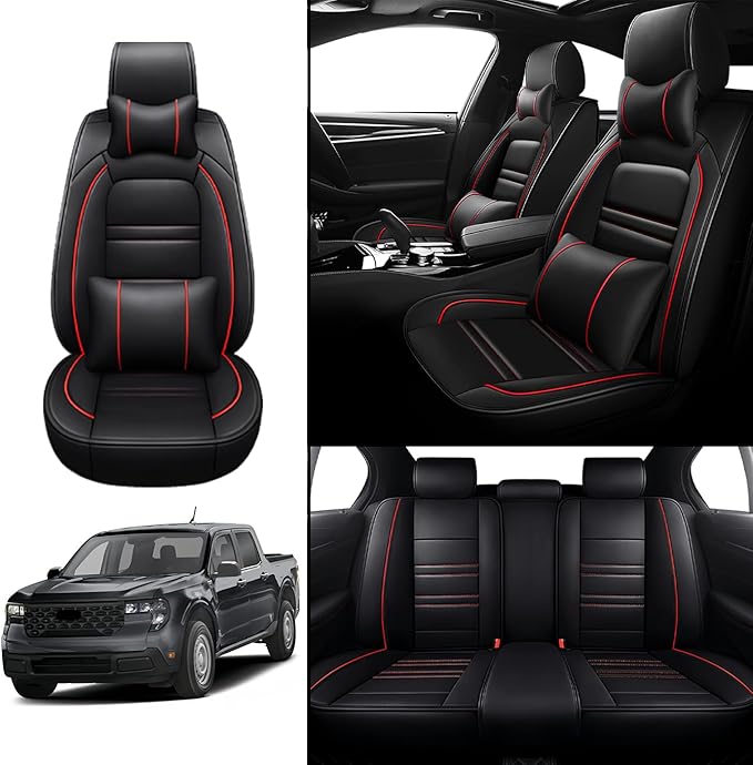 Car Seat Covers for Ford Maverick 2022-2025 | 5-Seats Seat Covers, Waterproof Seat Protectors, Automotive Seat Covers (Full Set with Pillow,Black&Red Line)