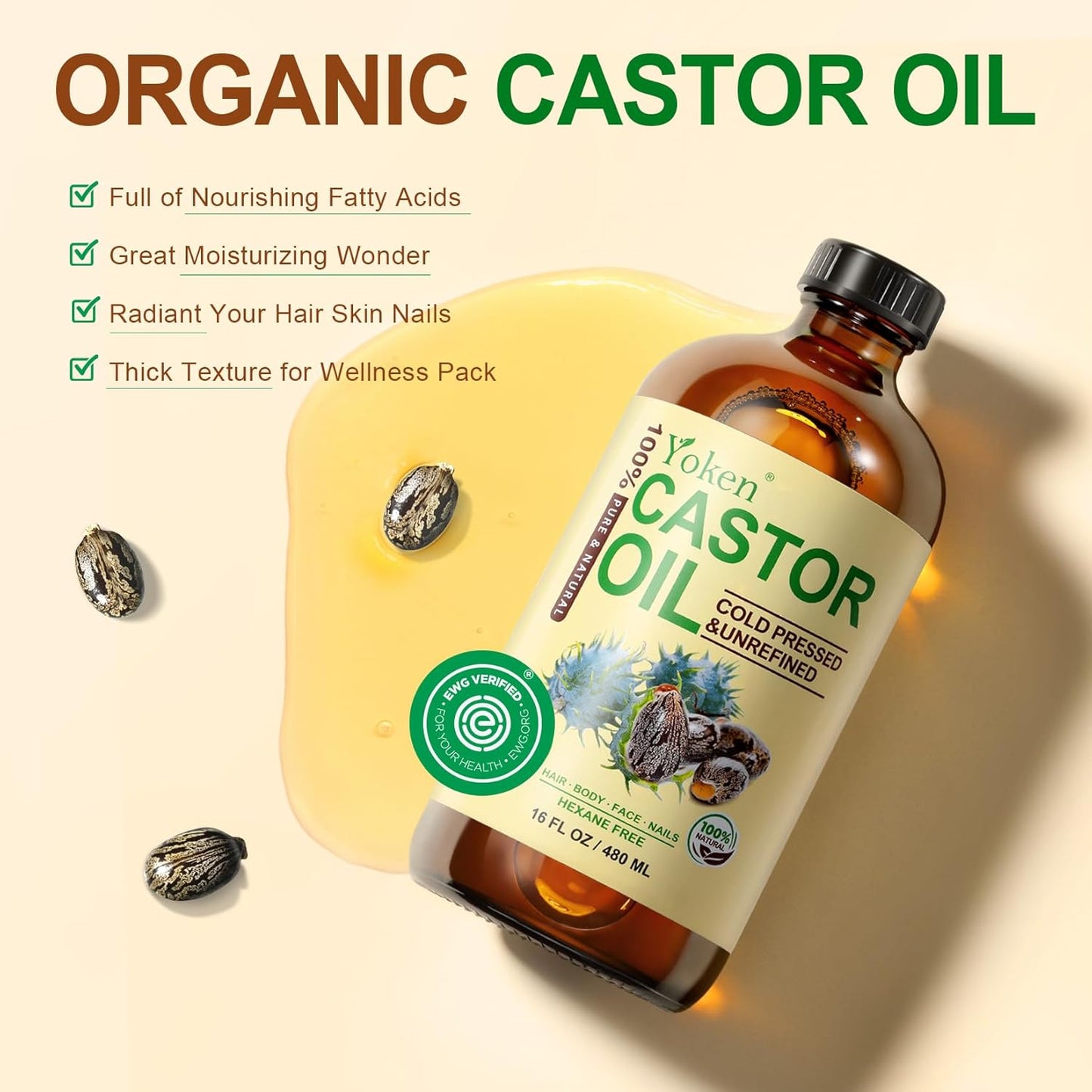 Yoken EWG Verified Castor Oil Glass Bottle 16 fl oz 100% Pure Natural Cold Pressed Castor Oil for Face, Body, Hair, Eyelash, Skin - Hexane Free, Unrefined, Virgin, Rich Fatty Acid for Caster Pack Wrap