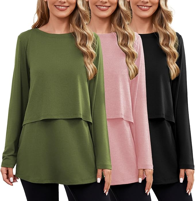 Ecavus Women's 3Pack Maternity Nursing Shirts Long Sleeve Double Layer Breastfeeding Shirts Comfy Pregnancy Clothes