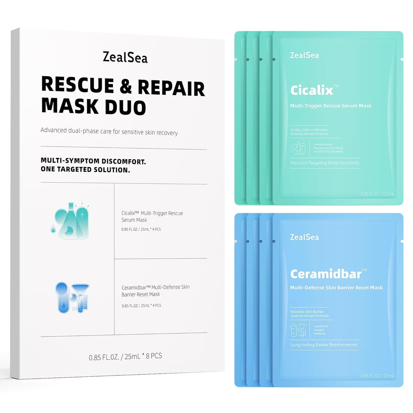 ZealSea Cicalix & Ceramidbar Face Masks Skincare Set, Derm Solution Sheet Mask for Multi-Trigger Sensitivity, Soothing & Calming, Strengthen & Restore Skin, Facial Mask with Cica & Ceramide, 8 Pack