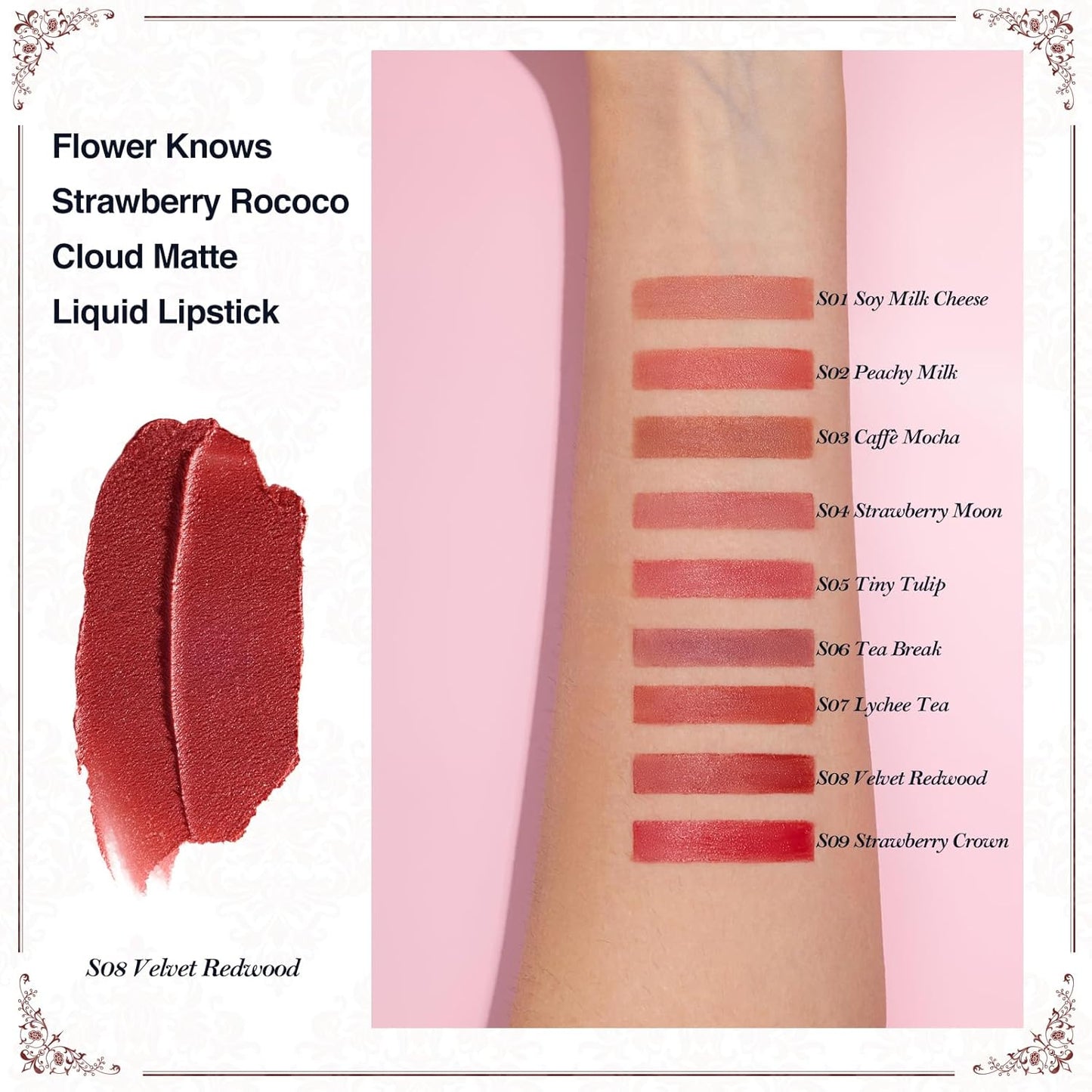 Flower Knows Strawberry Rococo Cloud Lip Cream,Velvety Matte Liquid Lipstick,Red Lipstick,Long Lasting Lip Stain,Kiss-proof Blurred Lipstick for Girls&Women,0.12 Fl Oz(S08 Velvet Redwood)