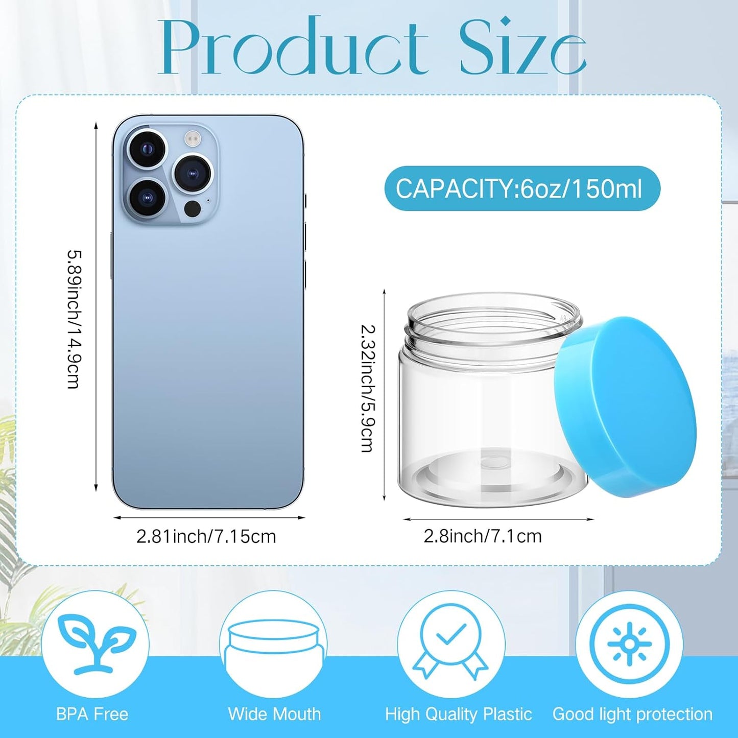 SATINIOR 100 Pcs Plastic Jars with Lids Small Containers Lids Wide Mouth Small Plastic Containers for Lotion Cream Rhinestones Body Butters Travel Storage(6 oz, Blue)