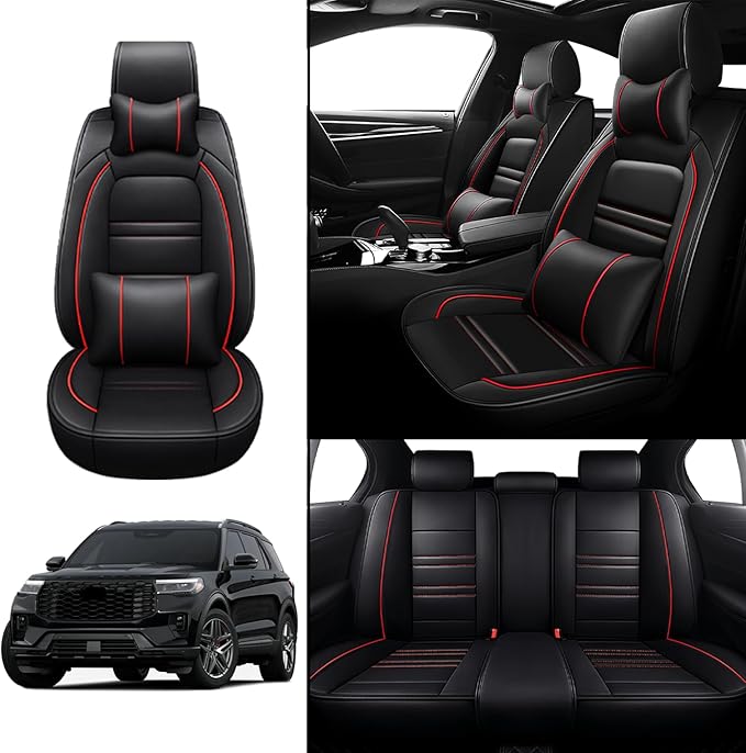 Car Seat Covers for Ford Explorer 2011-2025 | 5-Seats Seat Covers, Waterproof Seat Protectors, Automotive Seat Covers (Full Set with Pillow,Black&Red Line)