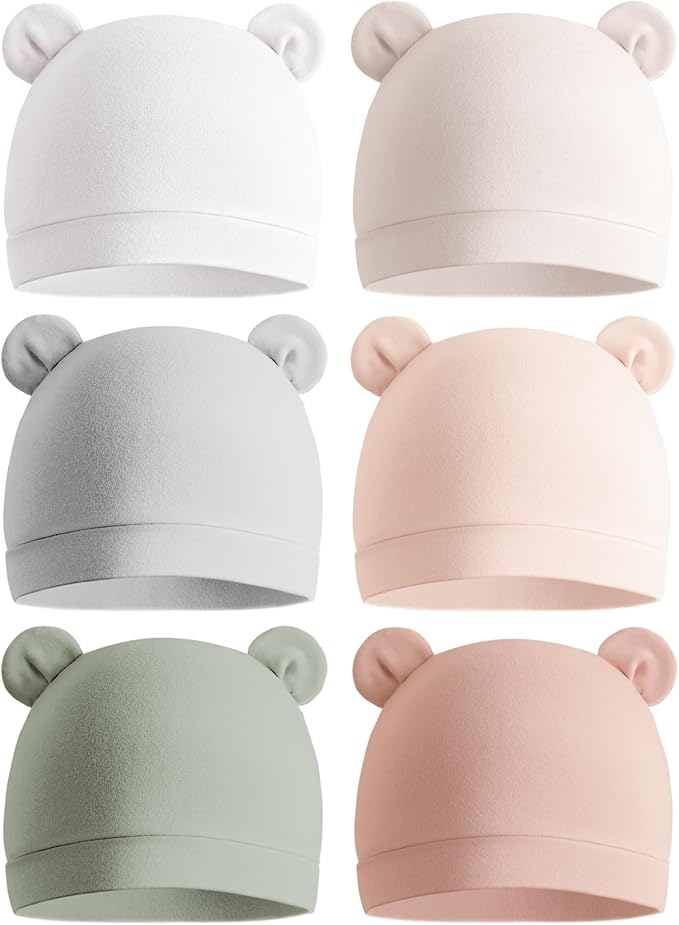 Konssy 6-Pack Baby Newborn Hats with Bear Ears Baby Beanie Hats - Soft Caps for Infant Boys & Girls, 0-3 Months