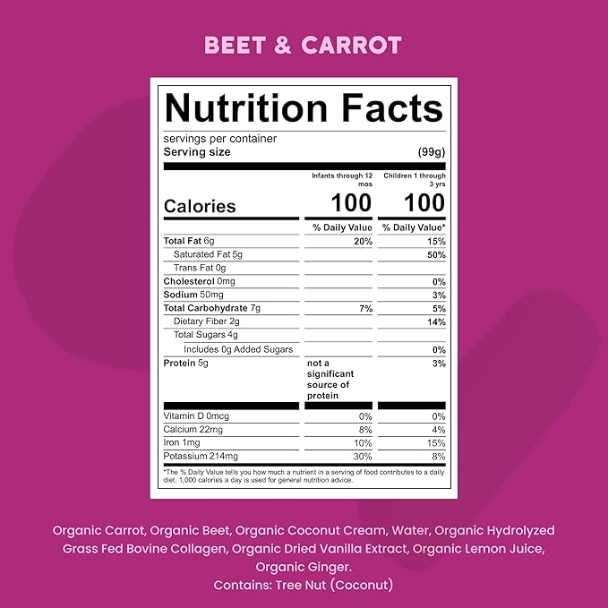 Serenity Kids 6+ Months Dairy-Free Baby Protein Smoothie Pouch - BPA-Free & USDA Organic Beet & Carrot - Grass Fed Collagen Protein & Organic Collagen - 3.5 Oz, 6 Pack