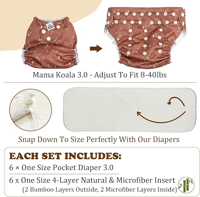 Mama Koala 3.0 Pocket Diapers for Babies with Suede Cloth Lining, 6 Pack with 6 4-Layer Natural Cloth Diaper Inserts - Reusable and Washable Pocket Diapers(S-The Gray Sky)