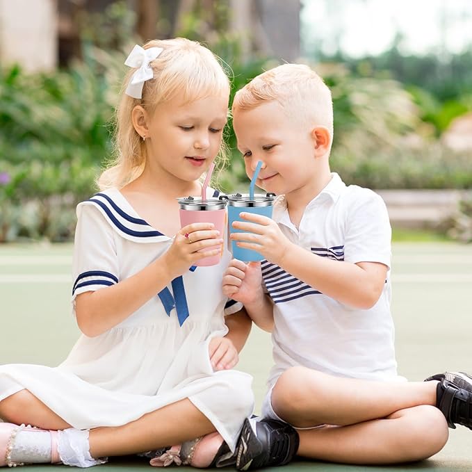 Kids Cups with Straws and Lids Leak Proof, 12oz Sippy Cups for Toddlers 1-3, 2 Pack Spill Proof Cup Stainless Steel Kids Cups with Lids for School, Outdoor (Blue & Pink)
