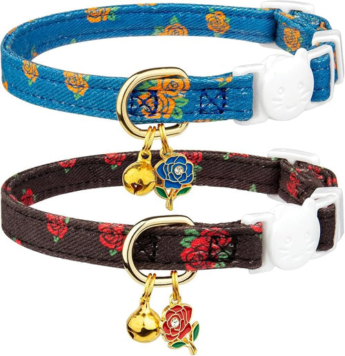 2 Pack Cotton Breakaway Cat Collar Blue and Black Rose Pendant Cute Kitten Cat by Fyeqyaou