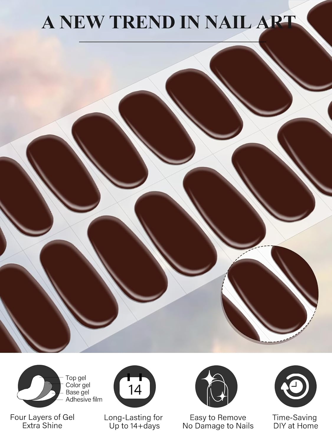 EBANKU 24Pcs Semi-Cured Gel Nail Strips,Chocolate Nail Sticker, Lasting Waterproof Full Wraps Stickers for Salon Manicures, Perfect for Women, Girl with Nails File and Nails Stick