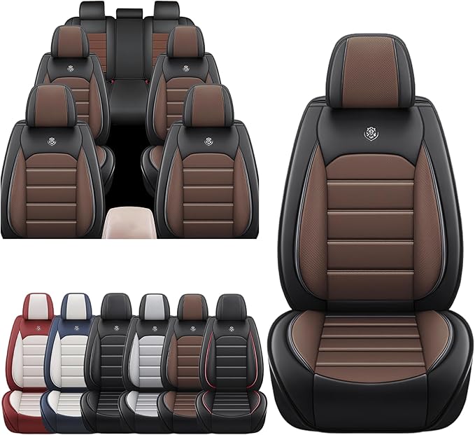 JOJ Fit for Toyota Highlander 2001-2022 Seat Covers,7 Seat Car Seat Cover,No-Slip Waterproof Breathable Faux Leather Automotive Seat Covers Auto Interior Covers,Full Set,Black Coffee