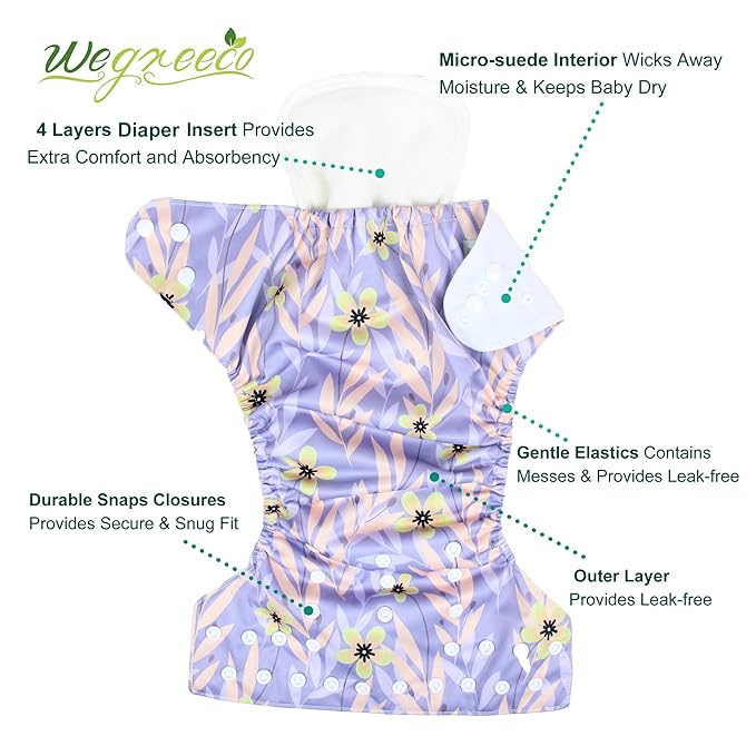wegreeco Cloth Diapers 6 Pack with 6 Inserts & 1 Wet Bag, Washable Cloth Diapers for Babies, One Size Adjustable Reusable (Leaves, Animals)