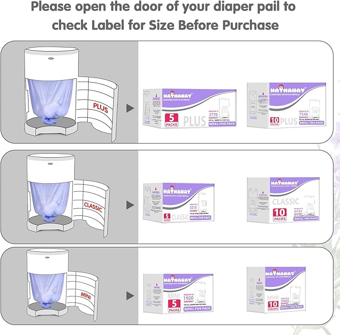Diaper Pail Refill Bags Compatible With Dekor Plus Diaper Pail, Extra 30% Length, Lavender Scent, 10 Pack