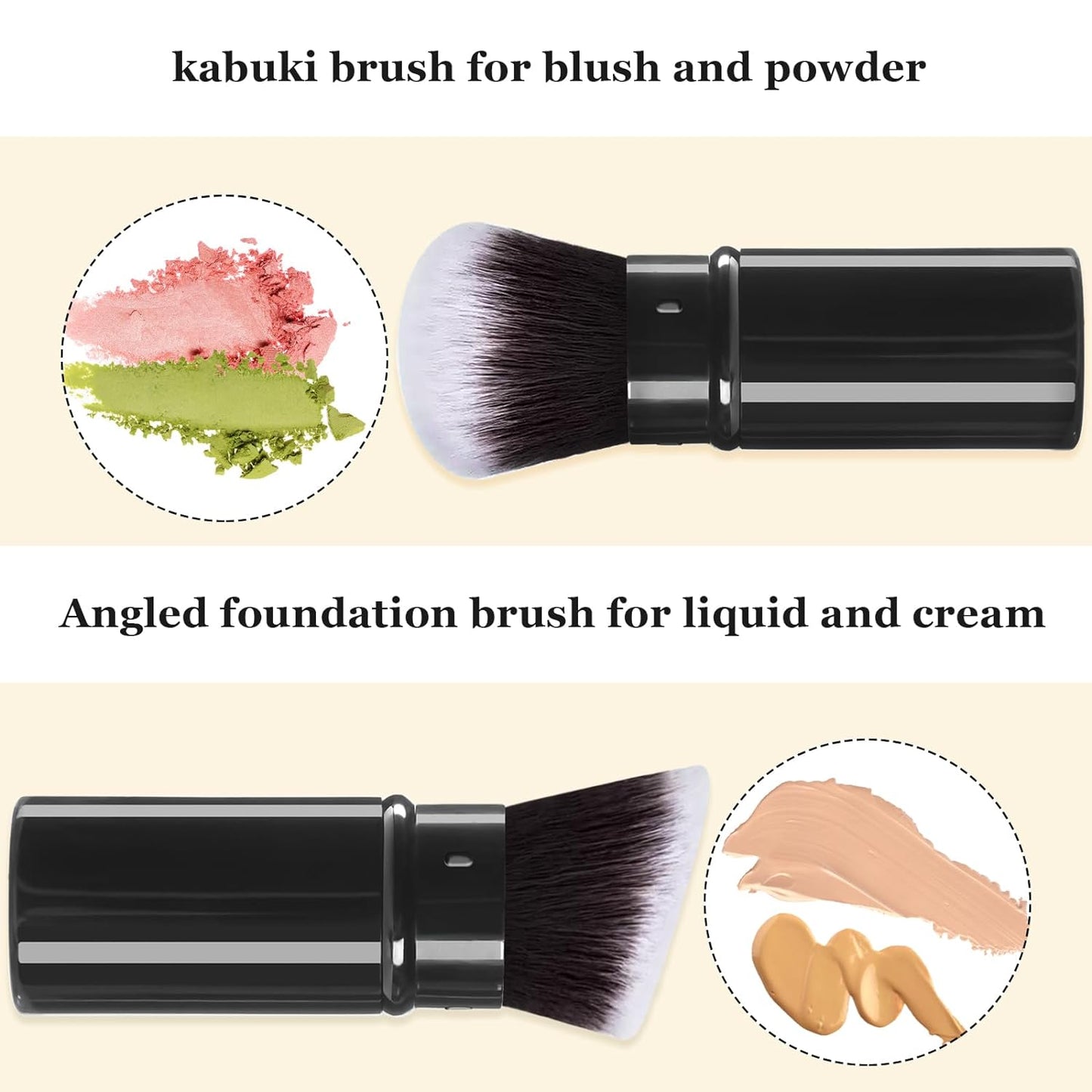 Makeup Brush 2 Pack, Retractable Travel Kabuki Powder Makeup Brush, Foundation Face Blush Brushes for Blending Liquid, Blush, Bronzer, Buffing, Sunscreen,Flawless Cosmetics