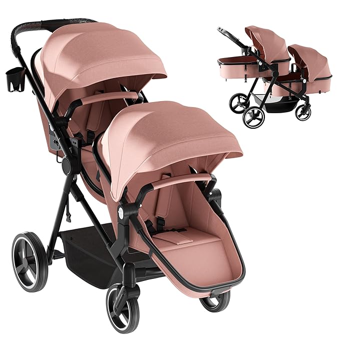 MU Double Stroller, Foldable Twin Tandem Stroller with Adjustable Backrest, Reversible Seat, 5-Point Harness, Storage Basket, Convertible Baby Bassinet for Infant and Toddler, Pink
