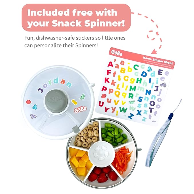 GoBe Kids Small Snack Spinner Flip Bundle with Hand Strap and Sticker Sheet - Reusable Snack Container with 5 Compartment Dispenser and Lid | BPA/PVC Free | Dishwasher Safe | No Spill - Lemon Yellow