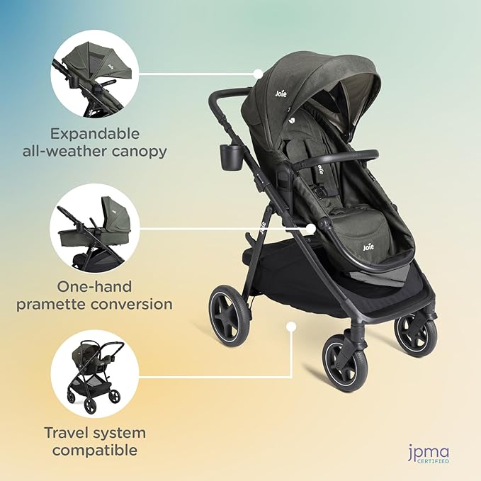 Joie Ginger lx 4-in-1 One-Hand Pramette Stroller - Easy Convertible Pramette and Stroller with a One-Hand Pramette Conversion, for Newborns to Toddlers (Evergreen)