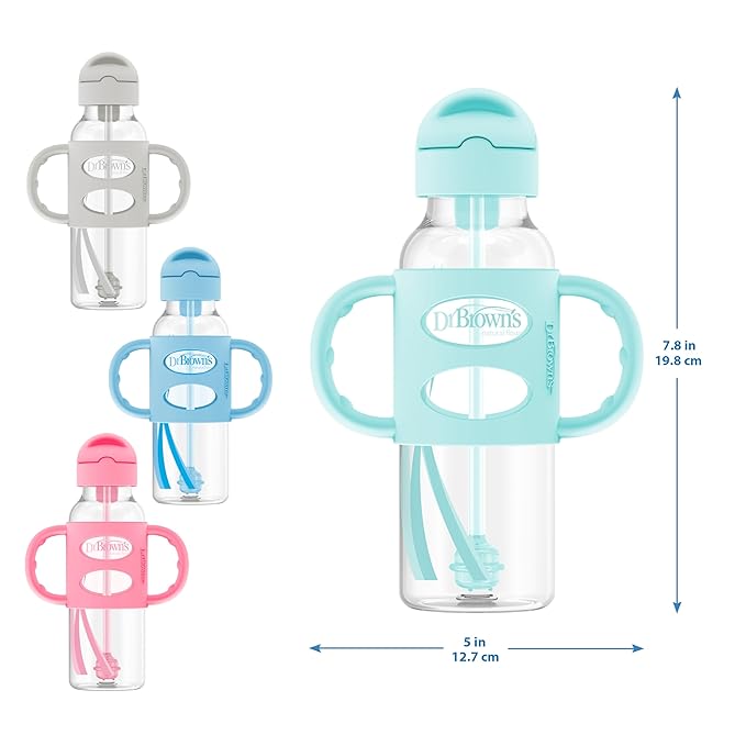Dr. Brown's Milestones Narrow Sippy Straw Bottle, Spill-Proof with 100% Silicone Handles and Weighted Straw, 8 oz/250 mL, Gray & Green, 6m+