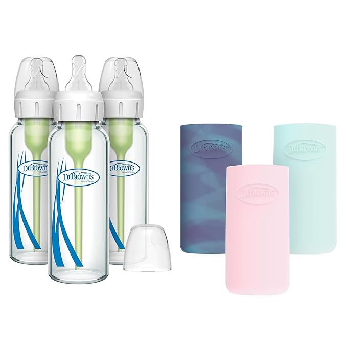Dr. Brown's Anti-Colic Options+ Narrow Glass Baby Bottles with Silicone Sleeves, Glow, Mint, Pink, BPA-Free, 8 oz/250 mL, 0m+, 3-Pack