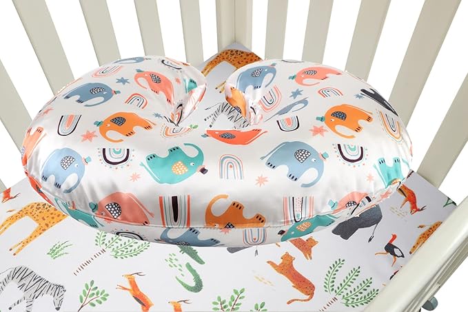 Satin Nursing Pillow Cover Set 2 Pack Ultra Soft Silk Compatible with Boppy Pillow for Breastfeeding Pillow Protect for Baby Hair and Skin Elephant & Rhino Lion