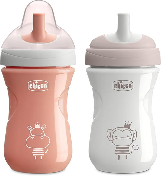 Chicco Sport Spout Trainer with Semi-Firm, Bite-Resistant Spout and Spill-Free Lid 9oz. | Top-Rack Dishwasher Safe | Easy to Hold with Ergonomic Indents | Coral/Grey, 2pk | 9+ months