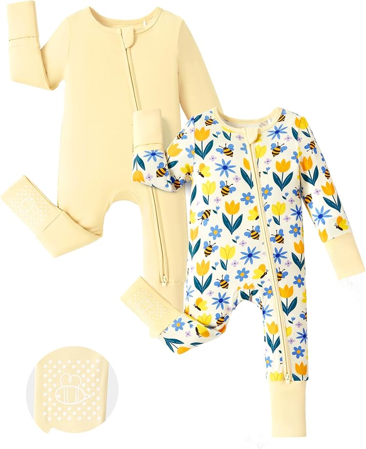 PATPAT Baby Footie Romper with Mittens for Boy and Girl, Anti-Slip & 2-Way Zipper, Long Sleeve, Viscose from Bamboo, Outfit
