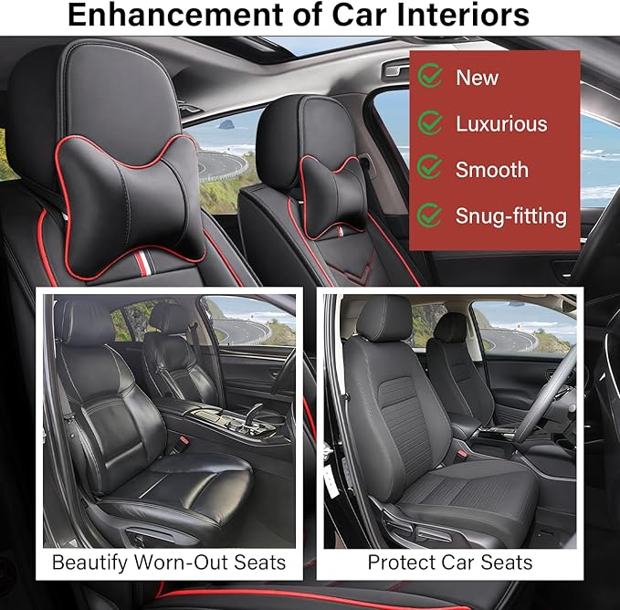 Leather Car Seat Covers Fit for LR Range Rover Evoque 2019-2025, 5 Seater Waterproof and Wear-Resistant Seat Cover Interior Accessories(Full Set with Pillow,Black&Red)