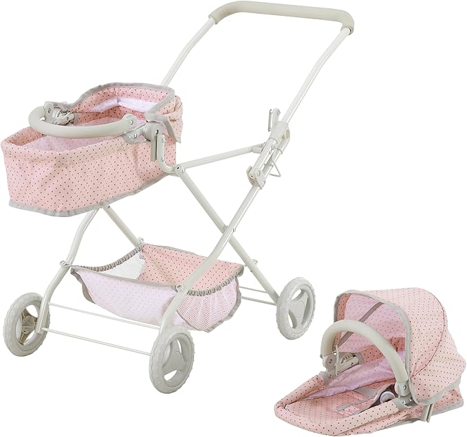 Olivia's Little World Twin Baby Doll Stroller, Double Bassinet Stroller Kids Baby Strollers for Dolls with Retractable Canopy & Storage for Kids Ages 3+, Pink/Gray