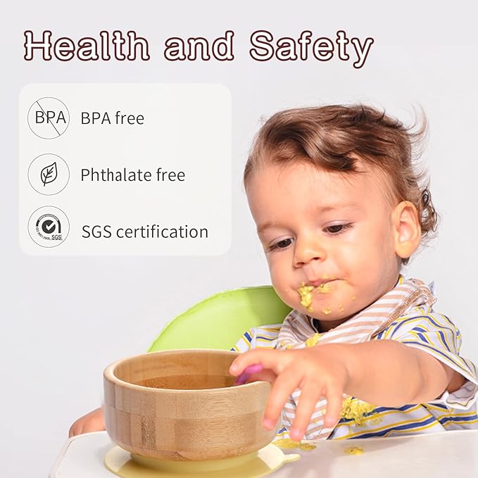 Baby Bamboo Bowls with Suction and Matching Spoon Set - 2PC Feeding Supplies Set for Infant, Toddlers - Detachable Silicone Suction Stay Put Base for Wooden Bowl - BPA Free （Mint）