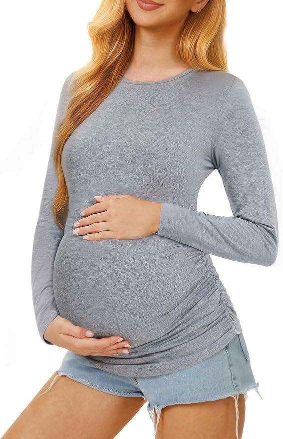 Maternity Shirts Long Sleeve Pregnancy Top for Women with Crew Neck Casual Tee Shirts