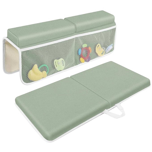 JJGoo Bath Kneeler with Elbow Rest Pad Set, 1.5 inch Kneeling Pad Mat for Bathtub Baby Bathing Parents, Painless Foam Mat with Toy Organizer Pockets, Non-Slip for Baby and Toddler Bathing