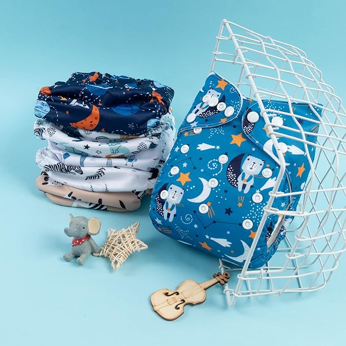 babygoal Reusable Cloth Diapers 6 Pack+6pcs Rayon from Bamboo Inserts+Wet Bag, One Size Adjustable Washable Pocket Nappy Covers for Baby Boys and Girls 6FB36