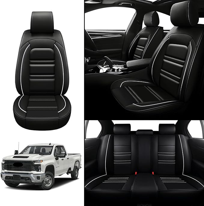 Seat Covers for Chevy Silverado 2500 2007-2025 | 5-Seats Leather Seat Covers, Easy to Install Automotive Seat Covers Full Set (Full Set, Black&White Line)