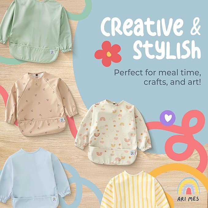 ARI MES Long Sleeves Waterproof Baby Bibs for Eating - Yellow Stripes, Large- Wearable, Coverall for Toddler, Long Sleeve Bib, Smock Apron for Feeding - Applicable for 6-72 Months