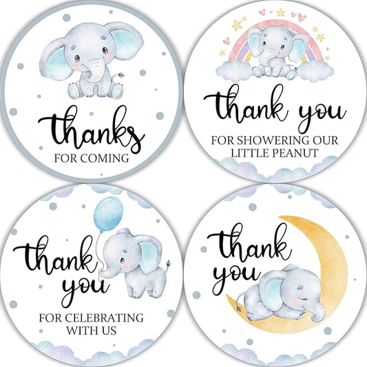 80 Pieces Cute Elephant Thank You Stickers, Baby Shower Birthday Party Decorate Watercolor Elephant Themed Party Gift Wrap Bag Label Decorations, 4 Design Stickers