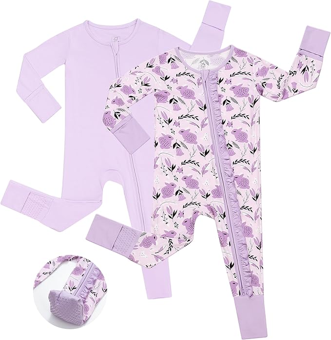 JunNeng Baby Girl Viscose from Bamboo Sleeper with Mitten Cuffs, 2 Way Zipper Romper, Sleep N' Play Pajamas 0-18 Months