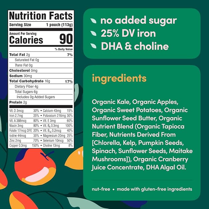 Cerebelly Organic Baby Food Pouches, Kale Sweet Potato Apple Purees, 16 Nutrients, No Added Sugar, Fiber & Non-GMO, 4oz, 12 Pack